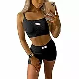 Loalirando 2 Pezzi Completo Sportivo Donna Ragazza Tuta da Ginnastica Canotta Sportiva Crop Top Senza Manica+ Pantaloncini a Vita Alta per Yoga Corso Palestra Fitness (Nero, S)
