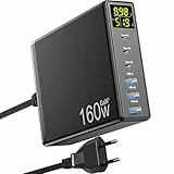 Caricatore Rapido USB C, 160W GaN 6-Port con Display a LED, Stazione di Ricarica Multipla mit 3 USB-C e 3 USB-A PPS PD 3.0 per MacBook Pro Laptop iPhone iPad Samsung