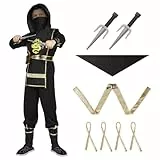 AOOWU Ninja Costume, Vestito Ninja Bambino In Oro con Accessori da Ninja, Costumi di Ninja Halloween Fancy Dress Per Festa, Carnevale(L)