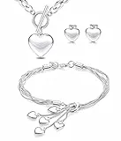 Milacolato Parure Gioielli Donna Ragazze Argento - Set di Cuore Ciondolo Collana Bracciale Regolabile Orecchini a Bottone, Gioielli Carini Placcati Argento Set Regalo per Feste Compleanno Natale