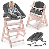 Hauck Seggiolone Alpha Plus Set Premium - Seggiolone Legno Evolutivo da 0 Mesi Sedia Bambini con Sdraietta Dondolo Neonati Reclinabile e Cuscino - Rosa, Carbone