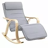 SONGMICS Sedia a Dondolo in Legno di Betulla, Poltrona a Dondolo con Poggiapiedi Regolabile a 5 Altezze, Fodera in Cotone, Portata 150 kg, Grigio Chiaro LYY41G