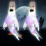 Forhome Manica a Vento Fantasma di Halloween, 120 cm Halloween Ghost Decorazione da Giardino con luci LED, 2 Pezzi Halloween Appeso Spooky Decorazione per Il Giardino Patio, Halloween Party