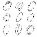 GHYUI Anelli Donna Regolabili, 9 Pezzi Set Anelli Donna, Set Anelli Donna per Tutte le Dita, Set Gioielli Donna, Anelli Vintage, Anelli Aperti Impilabili in d'argento, Anelli Piede Donna