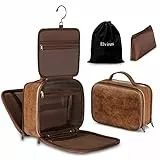 Elviros Borsa da Toilette grande da Viaggio per Uomo Beauty case Borsa in pelle resistente all'acqua Organizer per Articoli da Toeletta con Borsa Asciutta Bagnata Gratuita,Marrone scuro