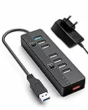 Hub USB 3.0 Attivo con Alimentatore 10W(5V/2A), 1 Porta USB 3.0+ 6 Porte USB 2.0 Trasmissione Dati + 1 Porta di Ricarica Rapida Adattatore Splitter USB 2.0 Multiporta con Interruttore e LED