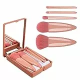 REEKNOKOL Set di 5 pennelli per il trucco con scatola specchi, Spazzola cosmetica morbida per il fondotinta in polvere per fard, da viaggio (rosa)
