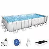Bestway Power Steel™ - Struttura per Piscina 732 x 366 x 132 cm, Kit Completo con Filtro a Sabbia, Rettangolare, Colore: Grigio
