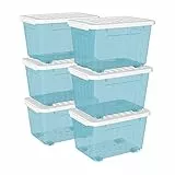 Cetomo Scatola portaoggetti in plastica da 80 l x 6, blu trasparente, contenitore organizzativo con coperchio durevole e fibbie di chiusura sicure, impilabile e annidabile, confezione da 6, con fibbia