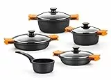 BRA Efficient Batteria da Cucina Adatta per Ogni Tipo di fornelli Compresa induzione, Alluminio pressofuso con Antiaderente, Nero, 5 pezzi [Esclusiva Amazon]
