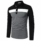 APAELEA Polo Uomo Manica Lunga Contrasto Collare Maglieria Morbido Basic Camicie Tops con Bottoni,Nero,XL