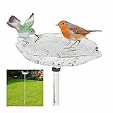 Relaxdays Abbeveratoio per Uccellini in Ghisa, 1m, Vaschetta con Asta da Terra per Acqua e Mangime da Esterno, Bianco