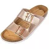 Palado Ciabatte da donna Corfù – Sandali alla moda con 2 cinghie regolabili – Pantofole da uomo con suola in pregiata pelle scamosciata e letto in sughero naturale rosa metallizzata 38 EU, Rosa