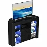 Dripex Mobile TV ad Angolo con Luci LED, Mobile Porta Televisore con Ripiani di Vetro Aperti, 2 Scomparti con Ante 100x68x40 cm, Nero