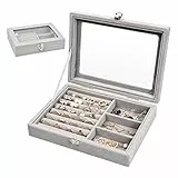 Pinsheng Scatola Portagioie Velluto, Grigio Cofanetto Portagioie con Coperchio in Vetro Organizzatore da Gioielleria Donna per Orecchino, Anello, Gemelli