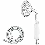 Maynosi Soffione doccia classico da bagno, doccia a mano tradizionale in stile telefono, doccia a mano retrò con maniglia in ceramica, doccia a pioggia vittoriana con tubo flessibile da 1.5M (cromo)
