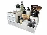 Organizer trucchi in plastica con contenitori per cosmetici, e cassettini portaoggetti. Bianco