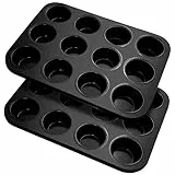 Fousenuk 2 Pezzi Teglia Muffin Antiaderente con 12 Stampo Muffin, Riutilizzabili Acciaio al Carbonio Stampi per Muffin per Cupcake, Brownies, Budini, Mini Muffin 35 X 26 X 3.5 cm (Nero)