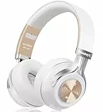 Riwbox XBT-880 - Cuffie Bluetooth senza fili, senza fili, con microfono e controllo del volume, per iPhone/iPad/PC/telefoni cellulari, TV (bianco e oro)