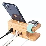 AICase 3 Porte bambù Stazione di Ricarica USB Multipla,Multi Charger,Docking Station per iPhone 14 PRO Max/13 PRO Max/12 PRO Max/11/XR/X/8/7, Apple Watch 38mm//40mm/42mm/44mm/45mm,Samsung e Telefoni