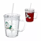 Relaxdays Set da 2 Tazze per Bambini, Vetro, Silicone, ABS, con Cannuccia, Manico e Tappo, 400 ml, Unicorni, Trasparente