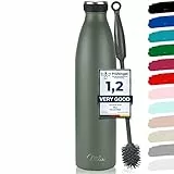 Milu - Thermos in acciaio inox da 350/500/750 ml, 1 l, 1,5 l, borraccia termica, a prova di perdite, a doppia parete, adatta per bevande gassate + spazzola per la pulizia (verde oliva, 1,5 l)