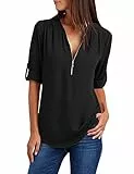 Yuson Girl Donne Camicette Manica Lunga Camicie Scollo a V con Cerniera Casual Bluse e Camicie Eleganti Shirt Tinta Unita Puro Colore Tops(Nero, L)
