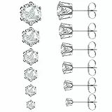 XINGXINLIAN 6 Paia Orecchini Uomo Donna con Zirconia Cubica, Orecchini Anallergici Acciaio Chirurgico Set, Brillante Orecchini Diamante 3 a 8 mm, Classico Rotondo Punti Luce Orecchini Colore Bianco