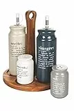 Villa d’Este Home Tivoli Set Olio aceto Sale e Pepe, in gres con Stand Legno, Victionary Spagnolo, Multicolor, Medium