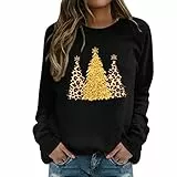 Felpa natalizia da donna, con scollo rotondo, a maniche lunghe, con cappuccio, per donna, con atmosfera natalizia e motivo con tre alberi di Natale, Nero , XL