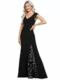 Ever-Pretty Vestito da Sera Donna Lungo Paillettes Maniche Corte Scollo a V Magra Abito da Cerimonia Nero 48