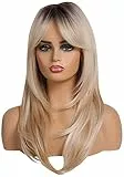 HAIRCUBE, Parrucca lunga bionda da donna, capelli sintetici, scalata, con radici scure