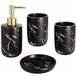 Set di Accessori per il Bagno, Kit Accessori Bagno in Ceramica di Lusso da 4 pezzi includono Porta Sapone, Porta Spazzolini, Dispenser per Sapone Liquido e Bicchiere per Spazzolino, Nera