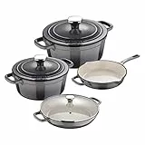 MasterPro Unique | Batteria di Cucina da 7 Pezzi | Set di Cucina con 3 Casseruole di 19, 27 e 30,5 cm con Coperchi e 1 Padella da 24,5 cm | Ghisa | Per Tutti i Piani Cottura