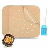 200 Pezzi Carta Forno per Friggitrice ad Aria,19cm Carta per Friggitrice ad Aria Quadrata,Carta Pergamena Perforata per Vapore,Silicone Pennello da Cucina,Facile da pulire,Lontano da Macchie di Olio