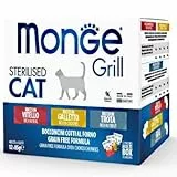 Monge Grill STERILIZZATO MULTIPACK CON POLLO, TROTA, VITELLO, cibo umido per gatti (cibo per gatti multipack con pollo, trota, vitello, ricco di vitamine, senza cereali, facilmente digeribile, 85 g)