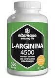 Vitamaze® L-Arginina 4500 mg ad Alto Dosaggio, 360 Capsule di Pura L-Arginina HCL Polvere, Qualità Tedesca, Naturale Integratore Alimentare senza Additivi non Necessari