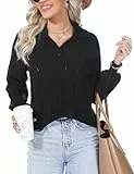 Irevial Maglione Donna Cotone Pullover - Maglioni Sciolto Eleganti Manica Vintage Scollo a V Lunga Maglieria Nero S