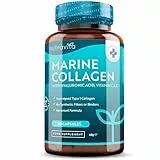 Collagene Marino con Acido Ialuronico - Premium Collagene Marino Idrolizzato con Vitamina C, E e Zinco - 1000 mg di Collagene per dose - 90 Capsule - Prodotto nel Regno Unito da Nutravita