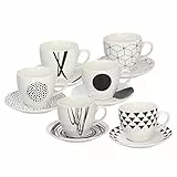 Tognana, Set 6 Tazze Tè con Piatto, New Bone China, Bianco e Nero