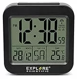 Explore Scientific RDC1008 Orologio radiocontrollato da viaggio, Retroilluminazione azzurra, Doppio allarme, Snooze, Calendario, Nero