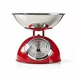 Nedis - Bilancia da Cucina - Analogico - Acciaio Inossidabile - Ciotola Rimovibile - Bilancia Alimenti - Facile da Pulire - Design Stile Retrò - Portata massima di 5 Kg - Rosso