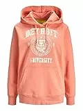 Jack & Jones Jxzoey Relaxed LS Sweat Hood Swt Felpa con Cappuccio, Coral Haze/Stampa: Detroit, S Donna