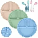 Vicloon Piatto per Bambini, 3 Pezzi con Ventosa in Silicone, Pappa Svezzamento con 2 Cucchiaio e 2 Forchetta, Piastra di Alimentazione per Neonati con 3 Aree