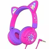 iClever Cuffie per Bambinio, Orecchie da Gatt Illuminazione a LED, Volume Sicuro di 85dBA, Cuffie per Bambini dal Suono Stereo, Pieghevoli con Cavo da 3.5 mm per iPad Tablet Viaggi Scuola