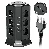 TOPREK Multipresa Verticale con 12 Prese Universali ITA 10/16A e Schuko e 2 USB C e 3 USB A (USB-C1 20W PD3.0 Ricarica Rapida), 4000W/16A, Ciabatta Multipresa con 2 Interruttore, 2M Cavo, Spina 16A