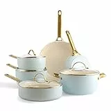 GreenPan Reserve Set di Pentole Antiaderenti in Ceramica Anodizzata Dura, 10 Pezzi, Include Padella, Padella Sauté e Casseruola, Manico Oro, Senza PFAS, Induzione, Forno Sicuro, Chiaro Blu