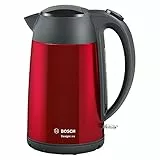 Bosch DesignLine TWK3P424 - Bollitore senza fili DesignLine, beccuccio senza schizzi, indicatore di tazza, indicatore del livello dell'acqua, protezione da surriscaldamento, 1,7 l, 2400 W, rosso