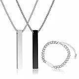 Collane Uomo 2 Pezzi Collana Uomo Acciaio Inossidabile, Collane Da Uomo Pendente Barra in Acciaio, Necklace For Men con Bracciale da Uomo, Inossidabile Collana Uomo Lunghezza 60 cm (Argento e Nero)