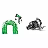 Relaxdays Tubo da Giardino con Doccia, Allungabile Fino a 10 m, a Spirale, 7 Tipi di Getto, Tubo per l'Acqua, Verde & Karcher Irrigazione Adattatore Rubinetto